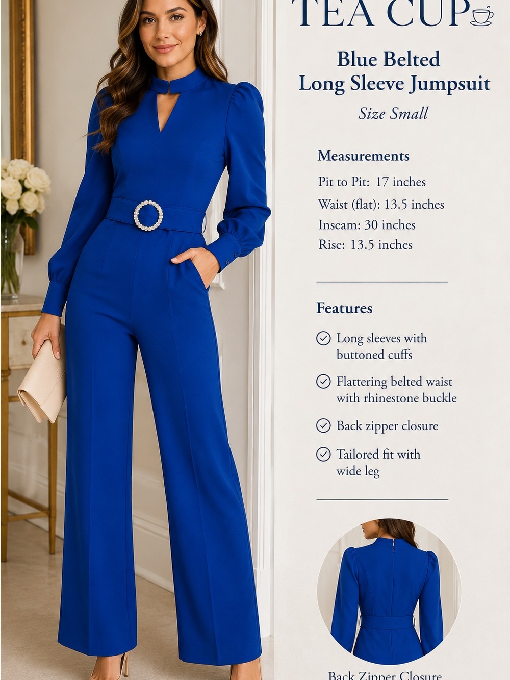 Tea n Cup Cobalt Blue Long Sleeve Belted Jumpsuit
